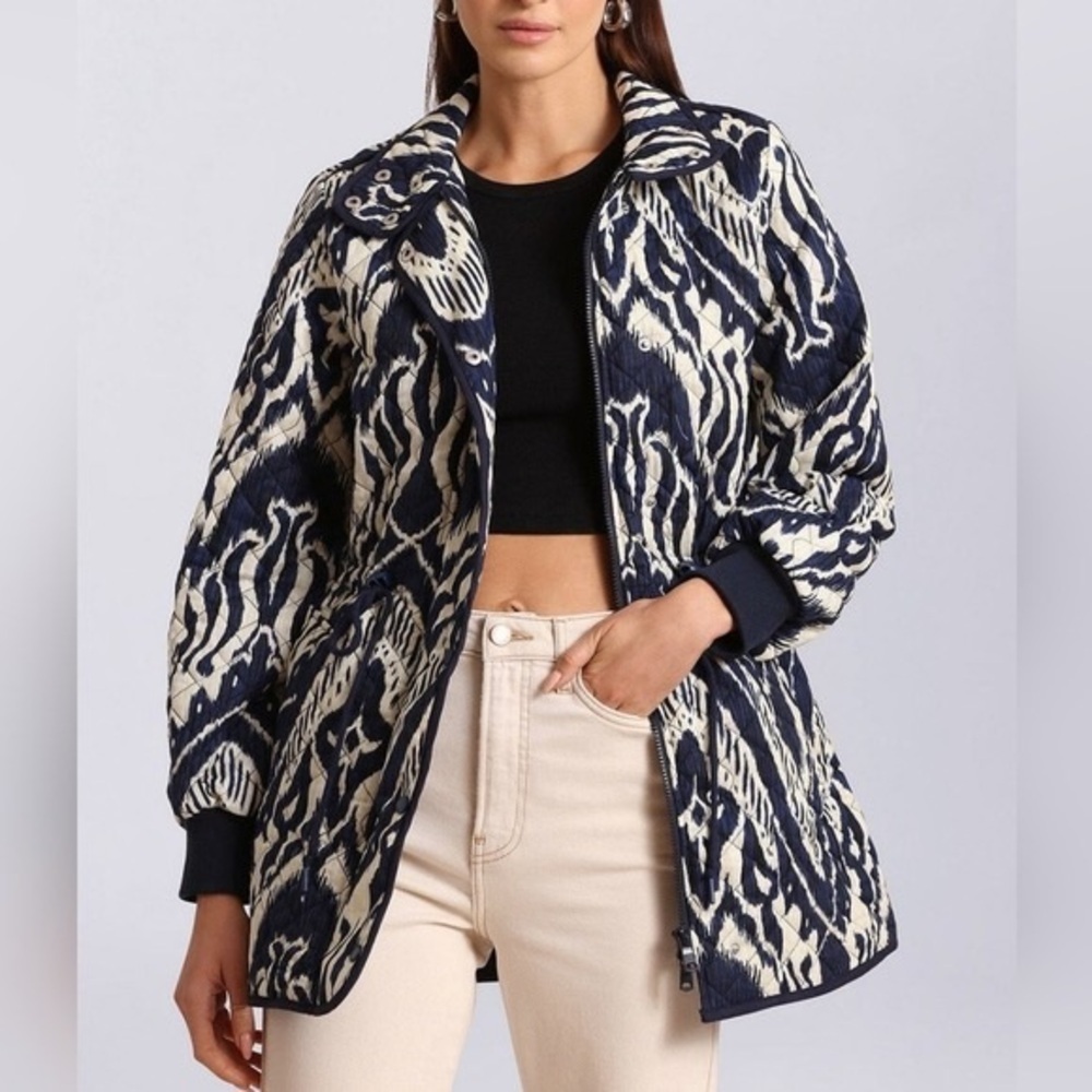 Bagatelle Navy Ikat Print Quilted Cotton Jacket Medium